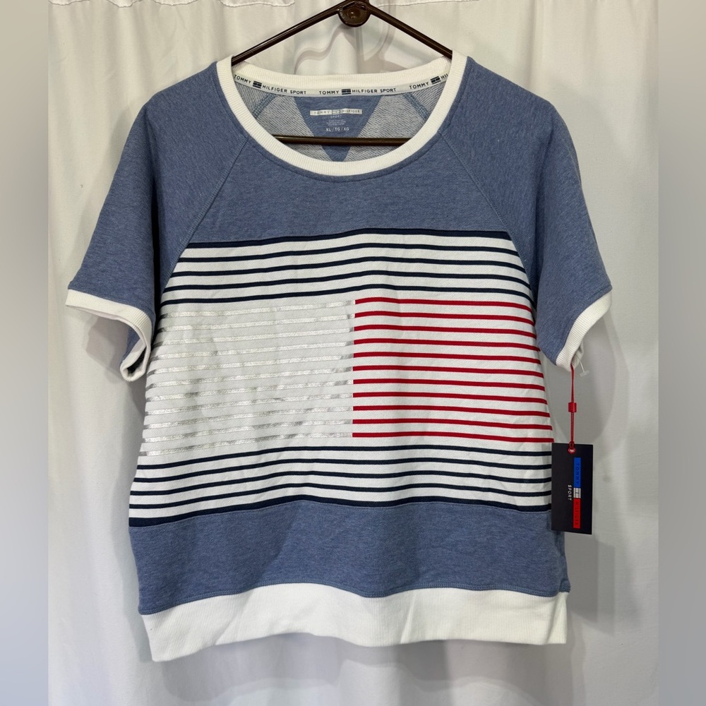 NWT Tommy Hilfiger Striped Short Sleeve Sweatshirt - Blue, White, Red